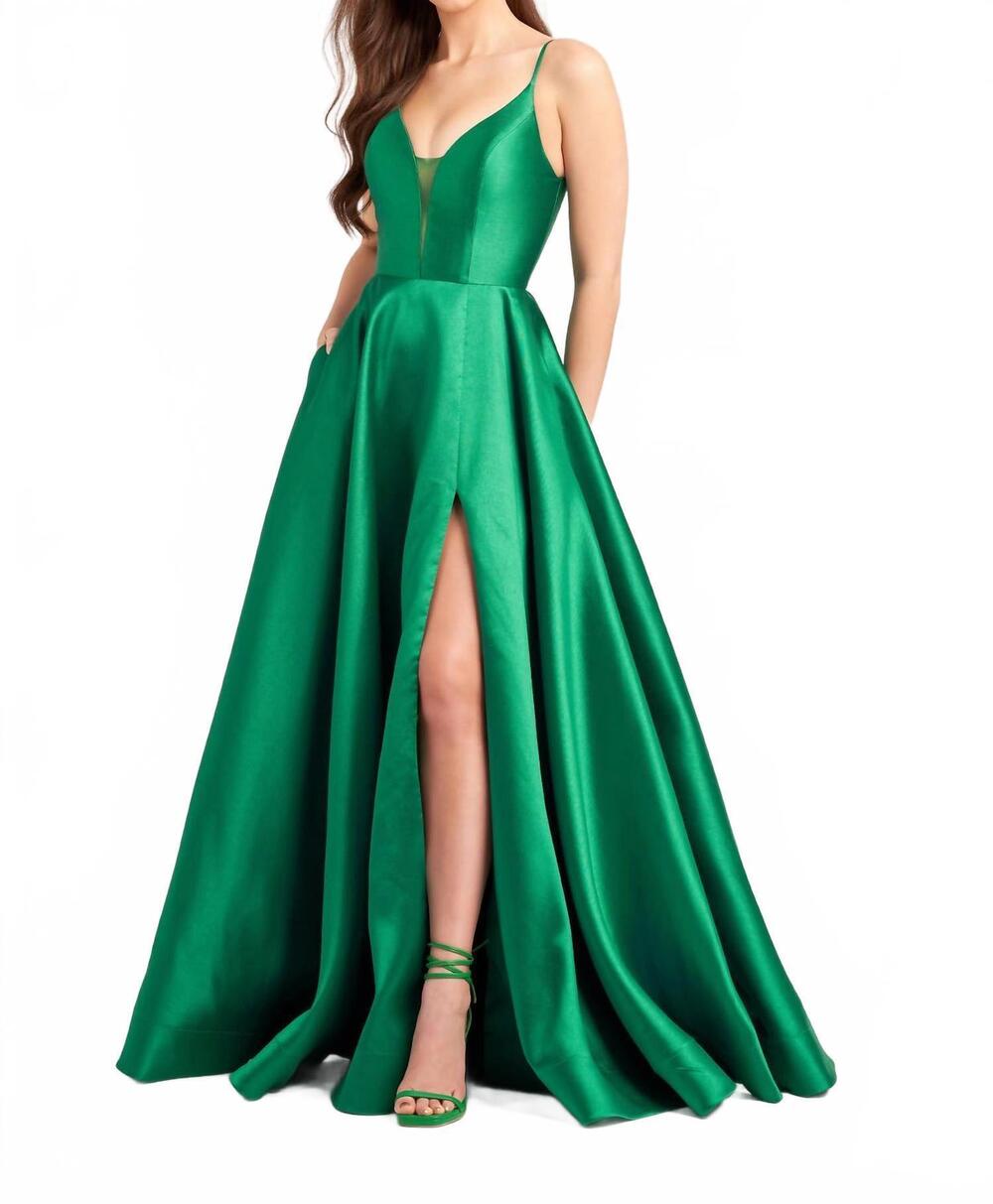 NEW ELLIE WILDE high slit a-line evening dress in emerald